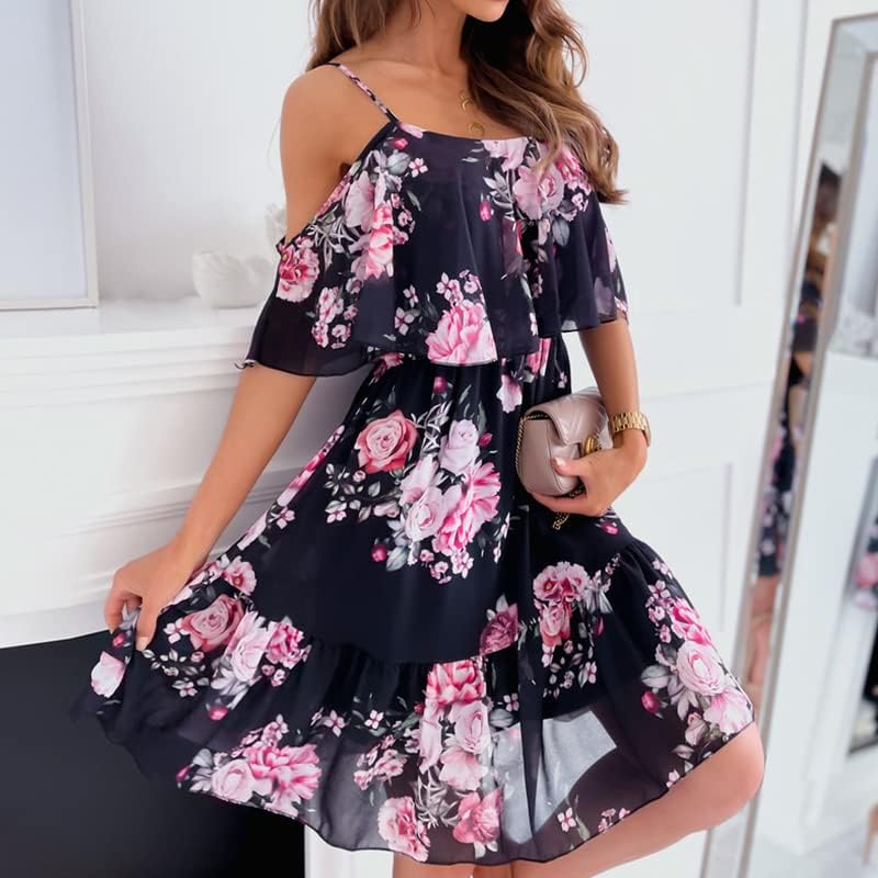Mhaine Women's Bohemian Dress – Off-Shoulder, Ruffles, Flowing Midi Cut for Summer