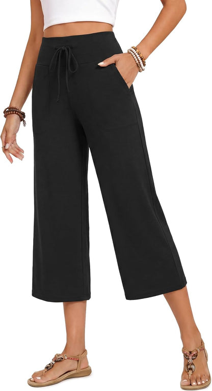 Nina Women's Capri Pants – High Waisted Wide Leg with Drawstring & Pockets for Summer