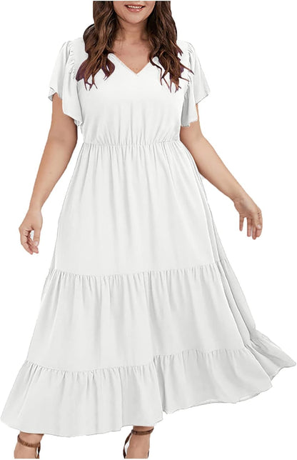 Manon Women's Dress – Bohemian V-Neck Short Sleeve A-Line Fluid Summer Plus Size