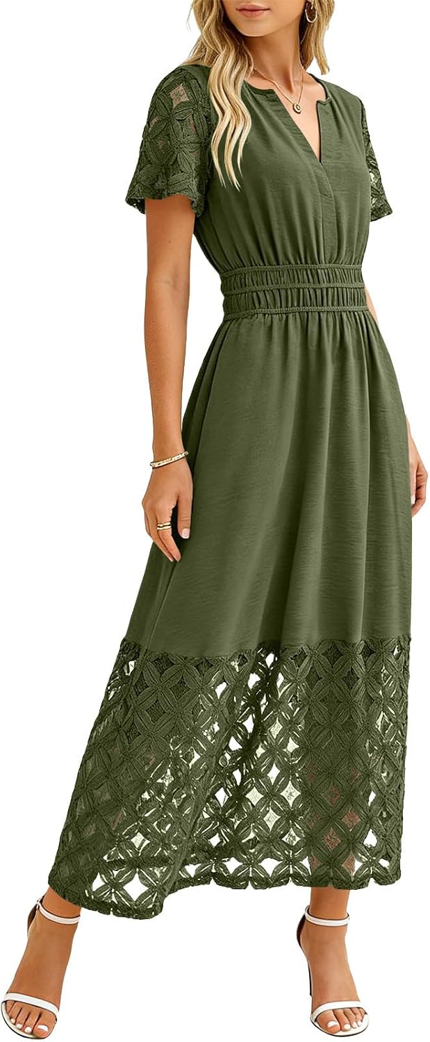 Emma Women's Dress – Bohemian Maxi Dress with V-Neck, Empire Waist, Fluid Pockets for Summer