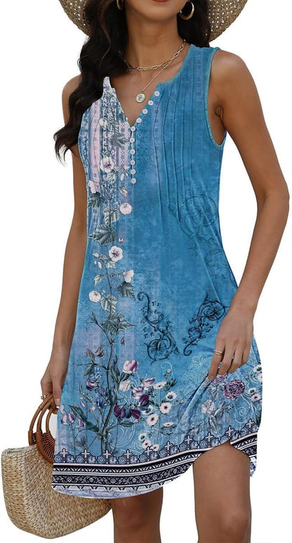 Lucie Women's Dress – Bohemian Floral V-Neck Sleeveless A-Line Midi Summer Dress