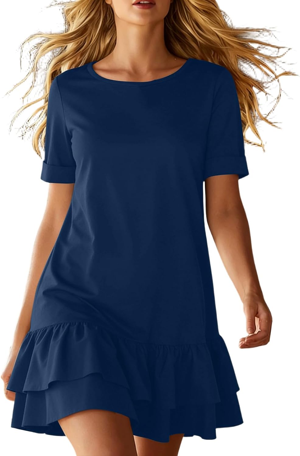 Lina Women's Dress – Mini T-Shirt Dress with Round Neck, Ruffled Double Hem, Bohemian Summer