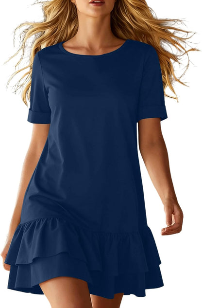 Lina Women's Dress – Mini T-Shirt Dress with Round Neck, Ruffled Double Hem, Bohemian Summer