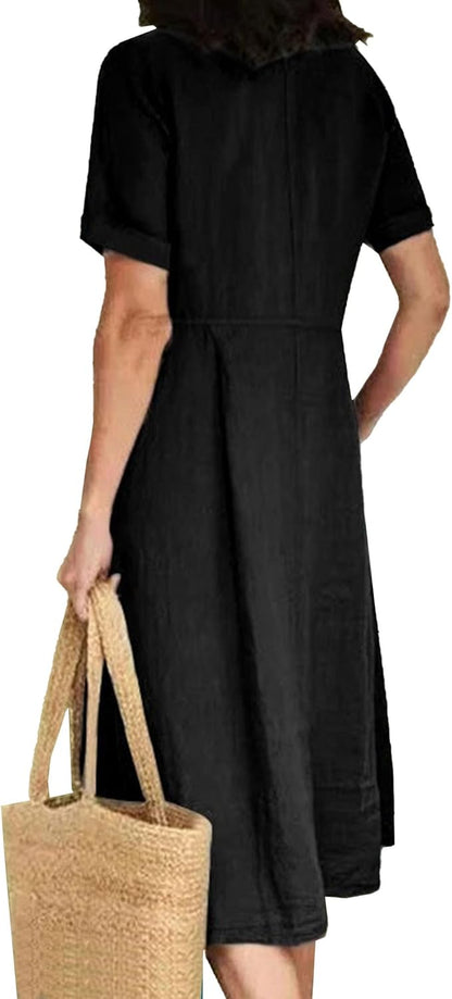 Glaiza Women's Maxi Linen Dress – V-Neck, Buttoned, Short Sleeves Plus Size Summer