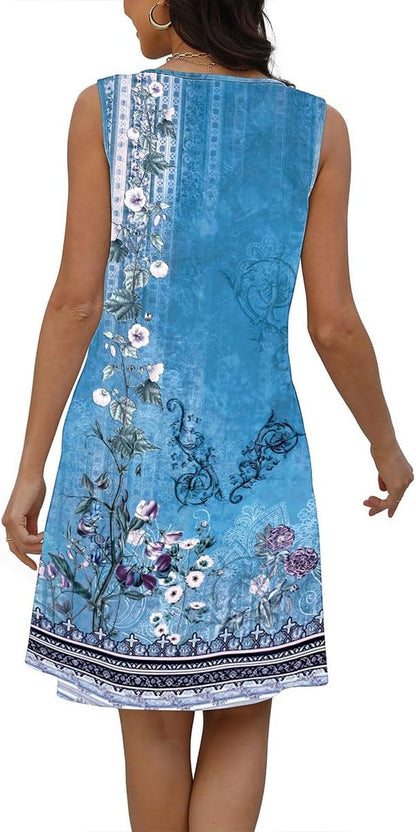 Lucie Women's Dress – Bohemian Floral V-Neck Sleeveless A-Line Midi Summer Dress