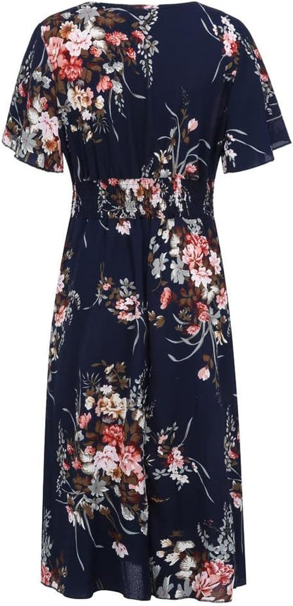 Elise Women's Dress – Midi Floral V-Neck A-Line Linen Cotton Flowing Elegant Summer Dress