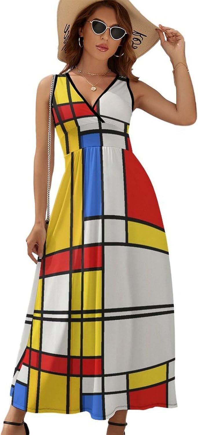 Lena Women's Dress – Maxi Dress V-Neck Sleeveless High Waist Modern Pattern Summer