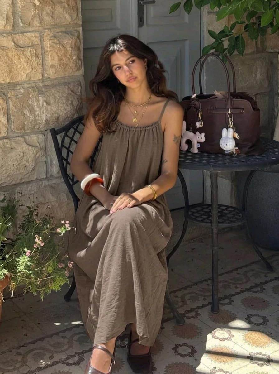 Luna Maxi Dress for Women – Backless Dress with Fine Straps Linen Effect Summer Boho