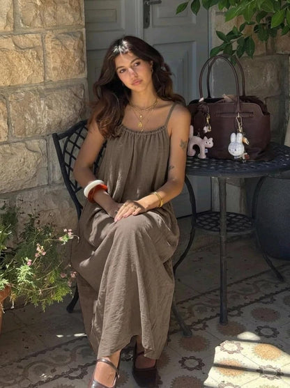 Luna Maxi Dress for Women – Backless Dress with Fine Straps Linen Effect Summer Boho