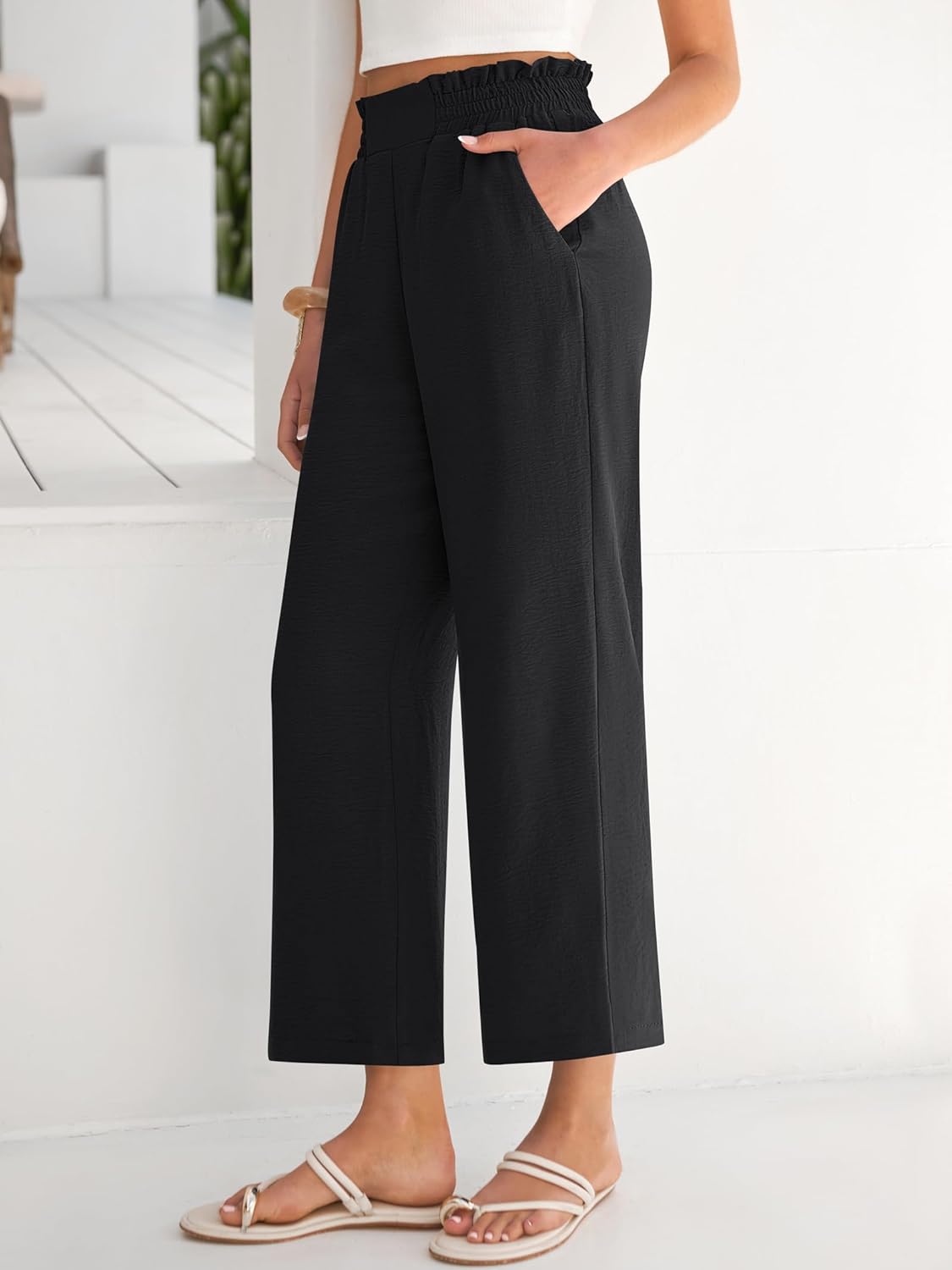 Eva Women's Pants – High-Waisted Palazzo Cropped Pants with Pockets for Summer