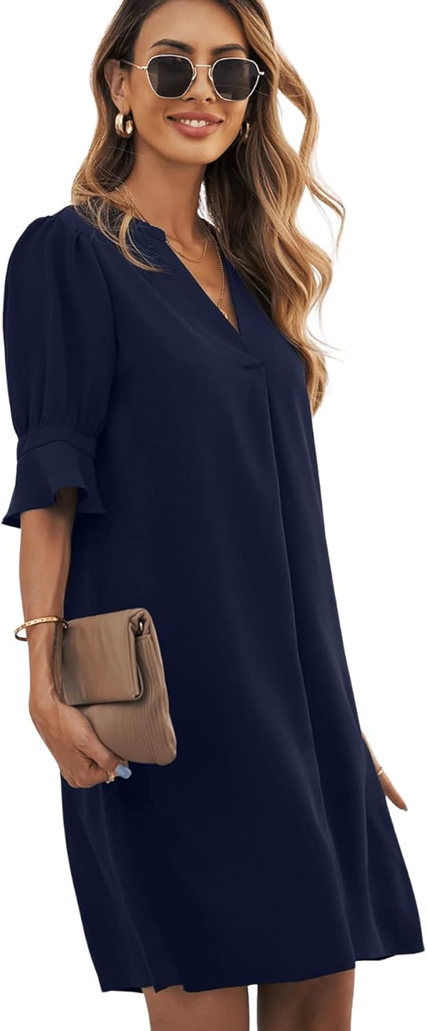 Emily Women's Summer Dress – Elegant V-Neck Loose Fit Midi Length Dress with Three-Quarter Sleeves