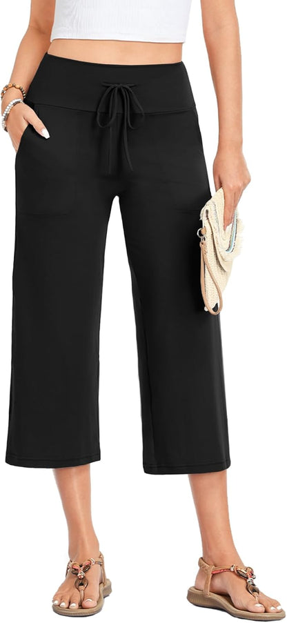 Nina Women's Capri Pants – High Waisted Wide Leg with Drawstring & Pockets for Summer