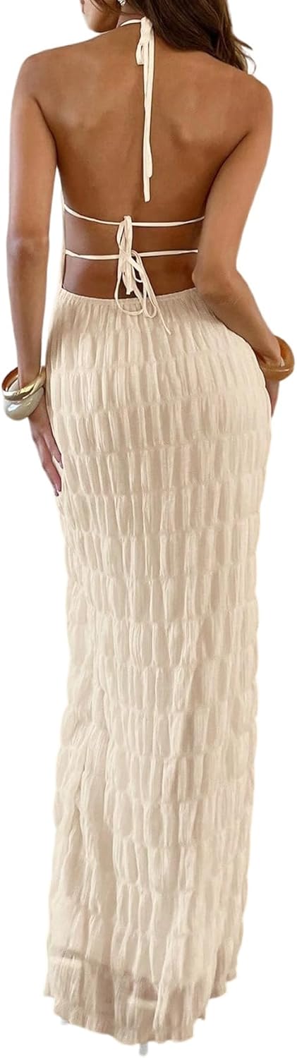Eva Maxi Dress for Women – Elegant Halter Backless Bodycon Dress in Old Money Style