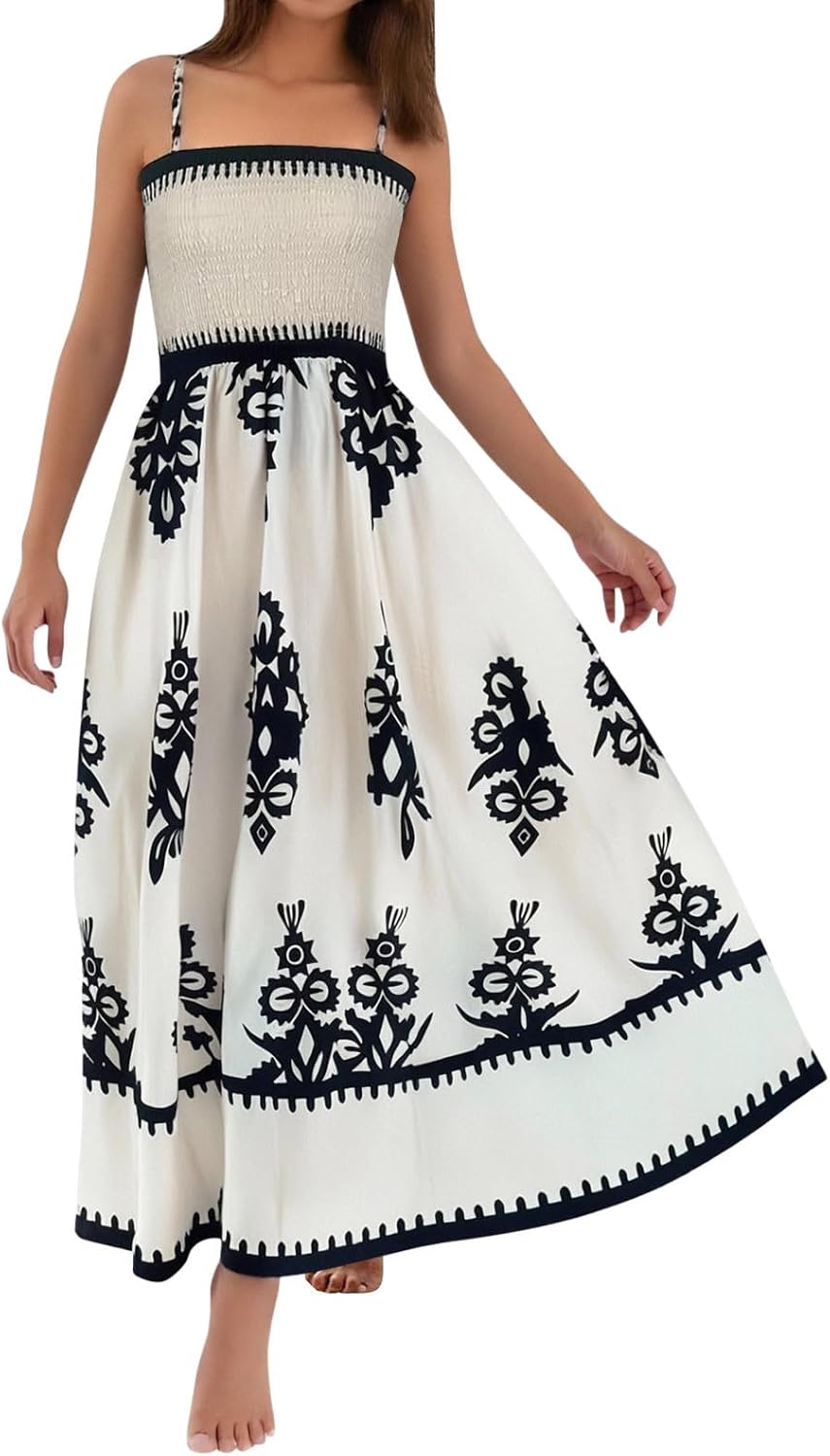 Amélie Women's Dress – Bohemian Maxi Smocked Dress with Square Neckline and Sleeveless Design for Summer
