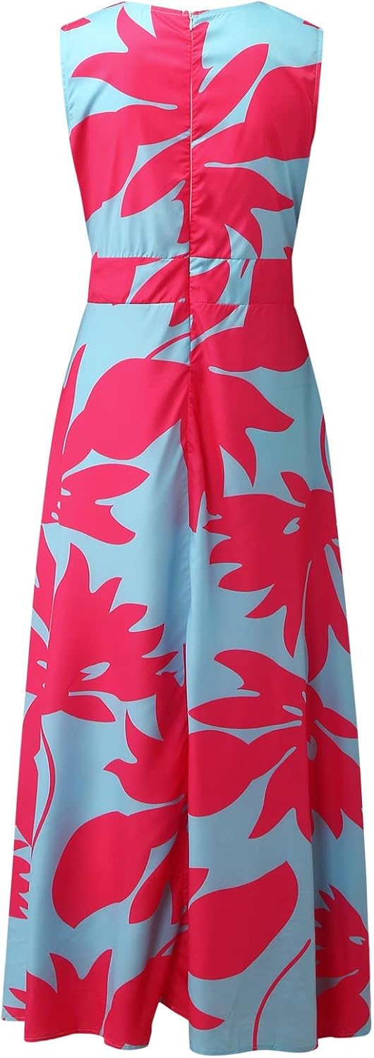 Maya Long Bohemian Dress for Women – Sleeveless Zip V-Neck Dress with Elegant Print