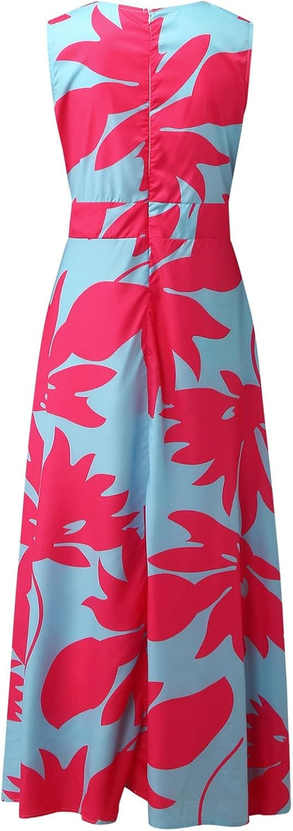Maya Long Bohemian Dress for Women – Sleeveless Zip V-Neck Dress with Elegant Print