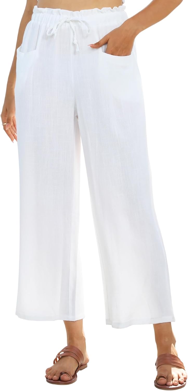 Linda Women's Linen Capri Pants – Wide Fluid Cut, High Elastic Waist Summer