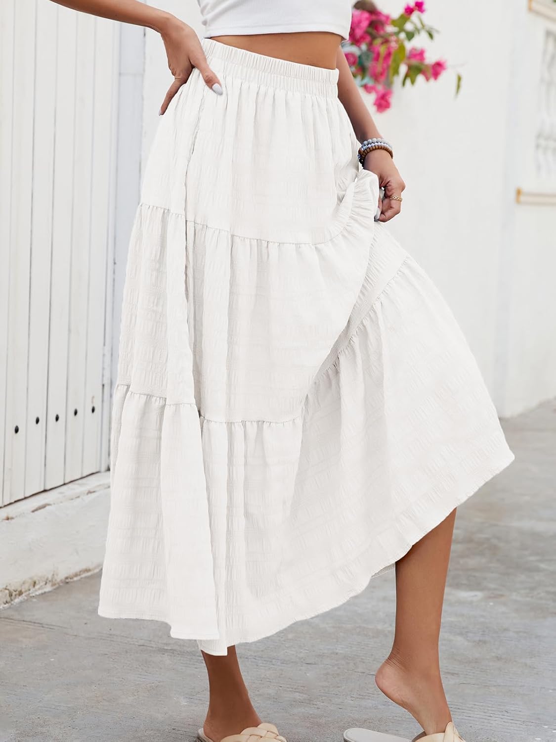 Neyla Maxi Skirt for Women – High-Waisted Smocked Bohemian Skirt with Ruffles and Pockets