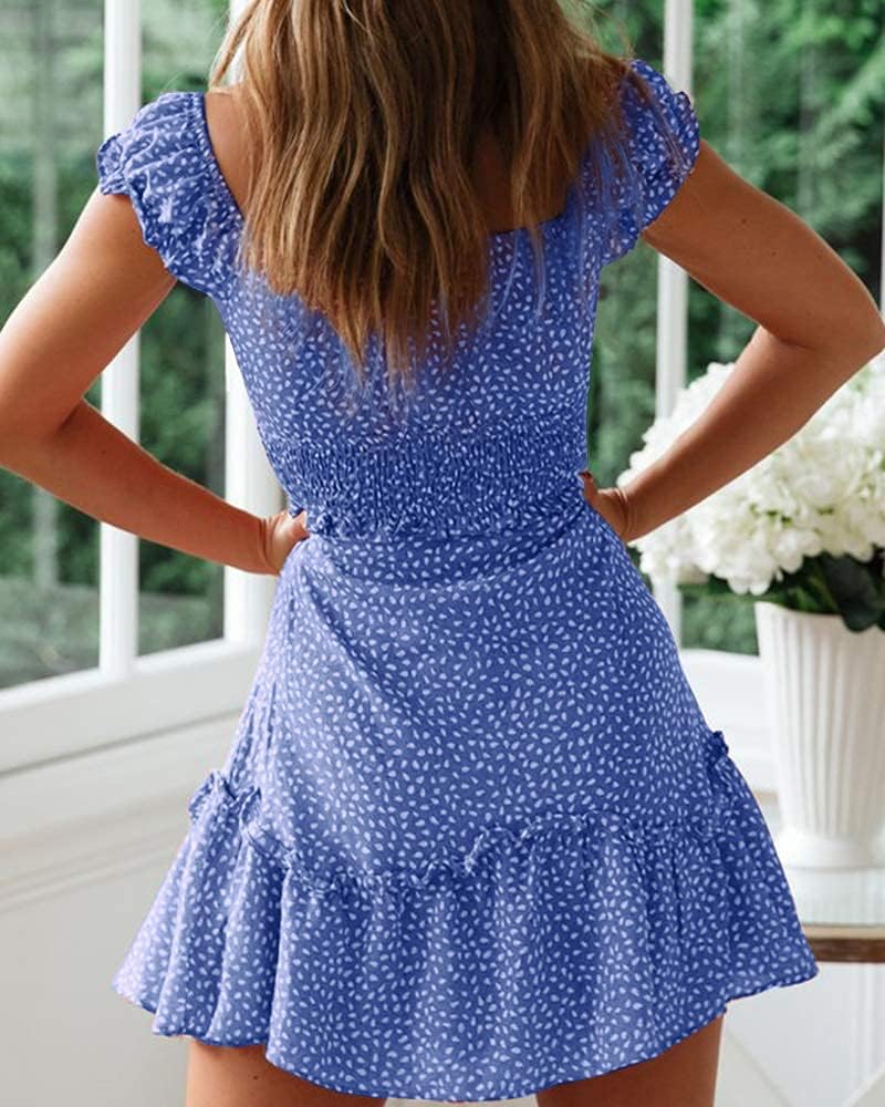 JoAnn Women's Mini Floral Dress – Heart Neckline, Ruffled Sleeves, Smocked Waist Summer