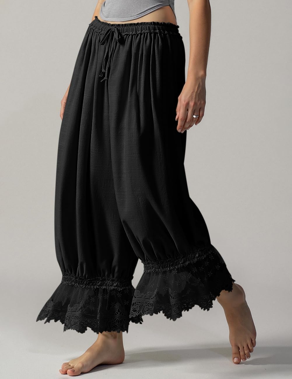 Tyra Vintage Women's Pants – Linen Lace Bloomer, Wide Ruffle Chic Summer