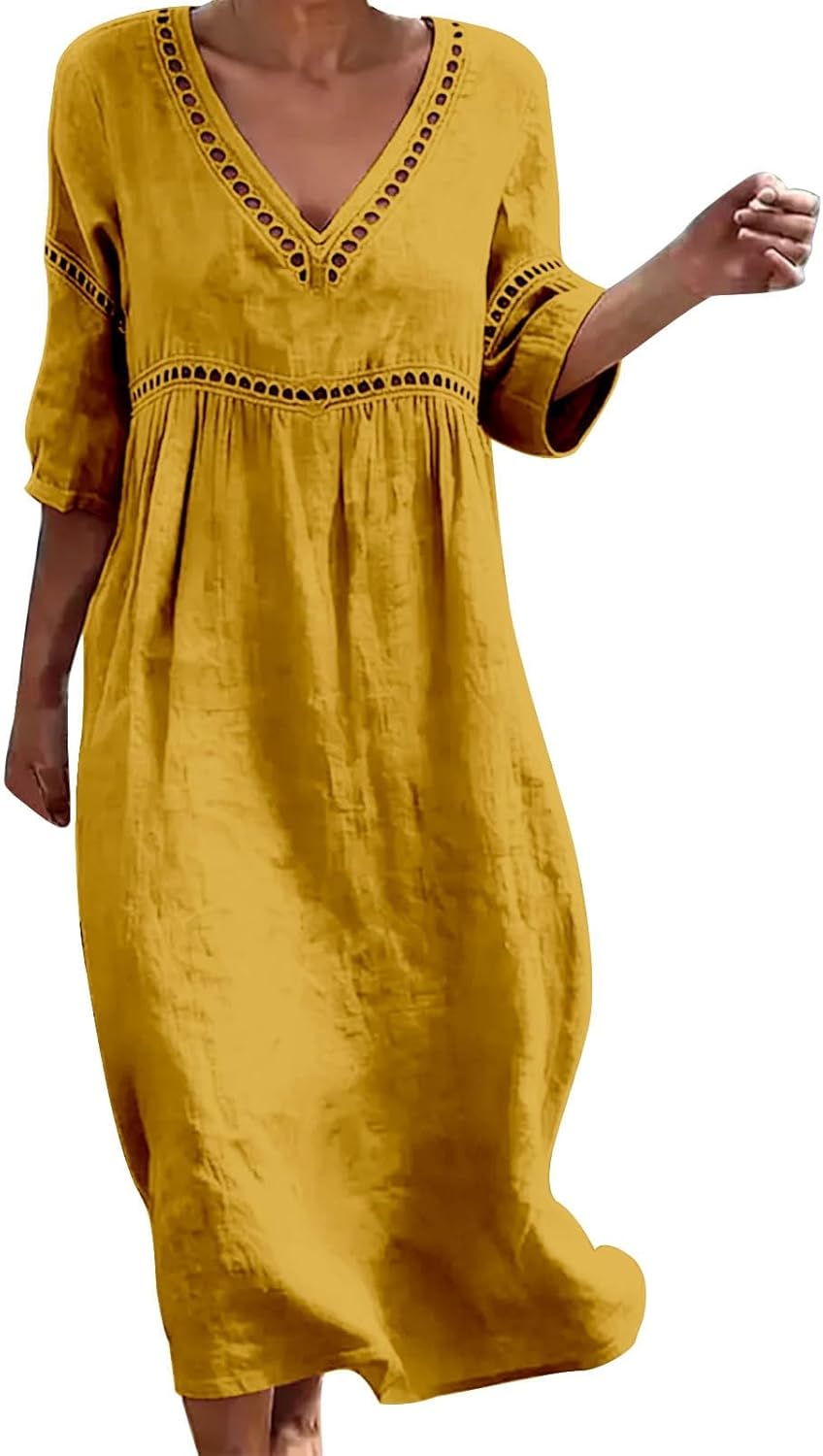 Laura Women's Dress – Midi Linen V-Neck 3/4 Sleeve Pockets A-Line Summer