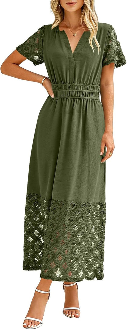 Emma Women's Dress – Bohemian Maxi Dress with V-Neck, Empire Waist, Fluid Pockets for Summer
