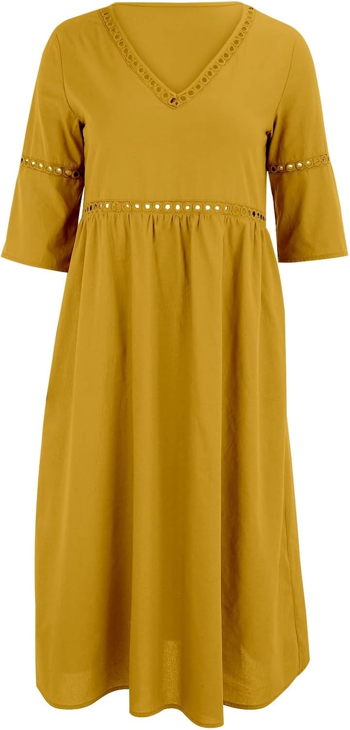 Laura Women's Dress – Midi Linen V-Neck 3/4 Sleeve Pockets A-Line Summer