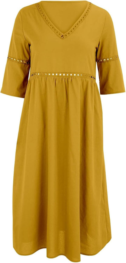 Laura Women's Dress – Midi Linen V-Neck 3/4 Sleeve Pockets A-Line Summer