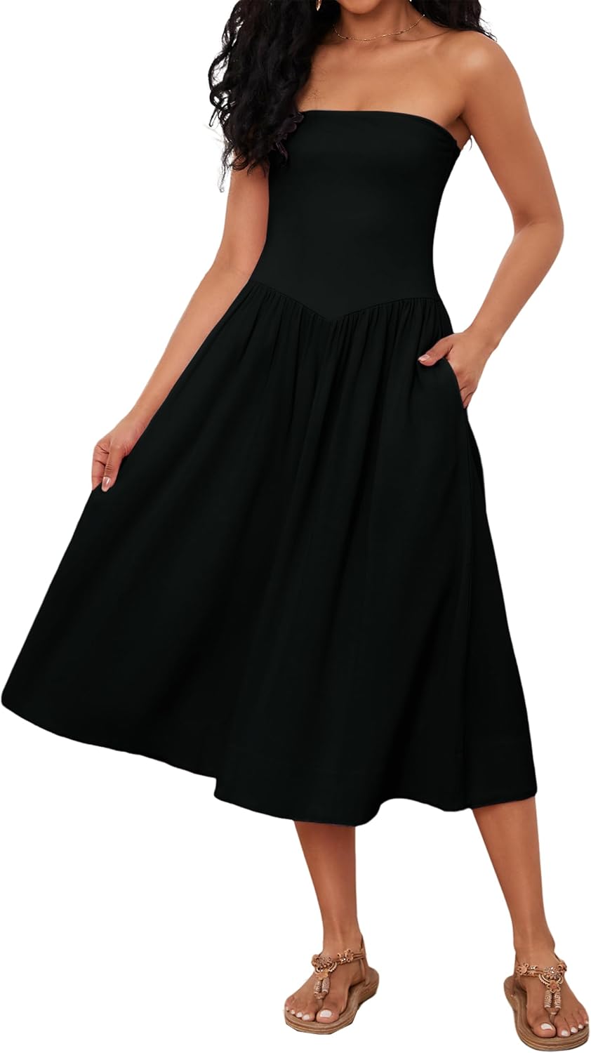 Lina Midi Dress for Women – Strapless Low Waist A-Line Summer Chic Dress