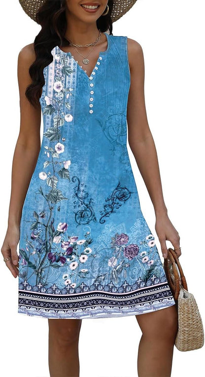 Lucie Women's Dress – Bohemian Floral V-Neck Sleeveless A-Line Midi Summer Dress