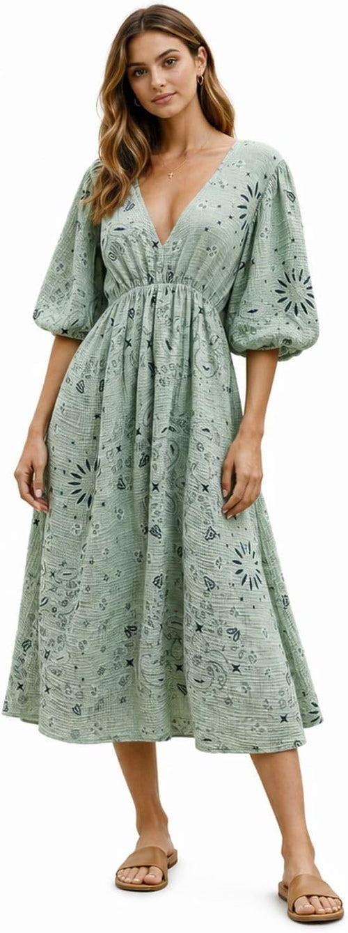 Giulia Women's Dress – Midi Cotton V-Neck 3/4 Sleeve Flowing Bohemian Summer Dress