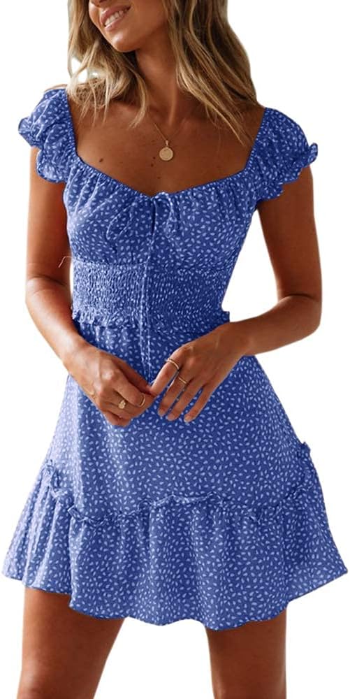 JoAnn Women's Mini Floral Dress – Heart Neckline, Ruffled Sleeves, Smocked Waist Summer