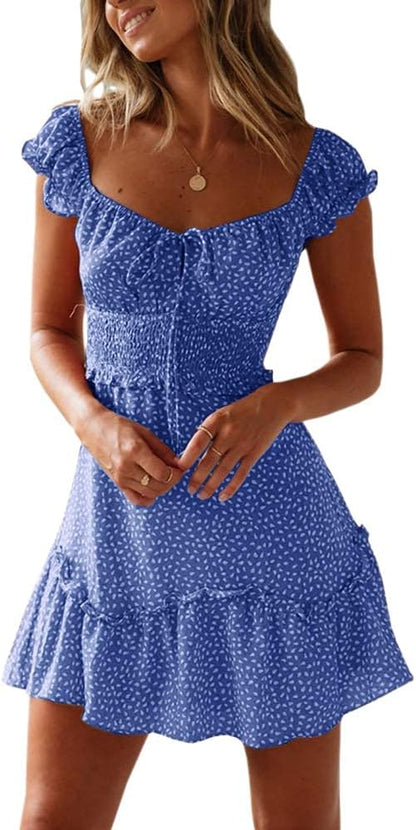 JoAnn Women's Mini Floral Dress – Heart Neckline, Ruffled Sleeves, Smocked Waist Summer