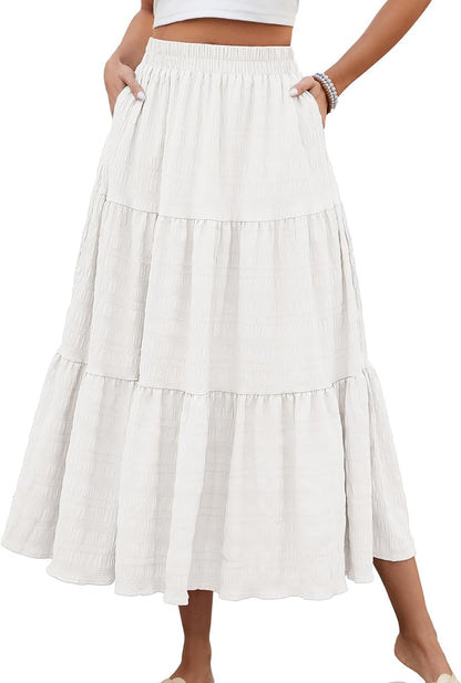 Neyla Maxi Skirt for Women – High-Waisted Smocked Bohemian Skirt with Ruffles and Pockets