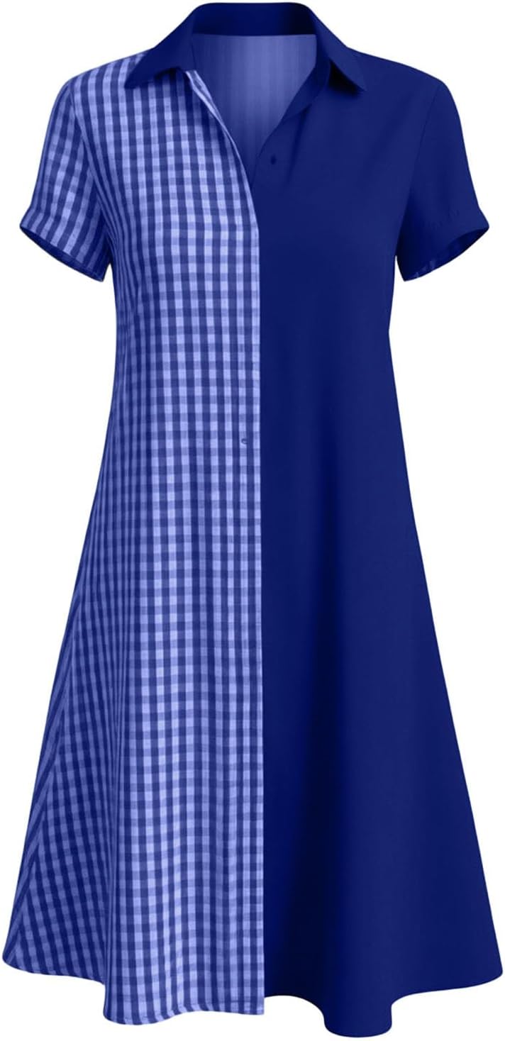 Julie Women's Dress – Checkered V-Neck Short Sleeve Flowing Bohemian Summer Dress