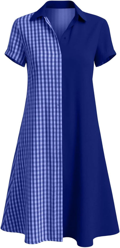 Julie Women's Dress – Checkered V-Neck Short Sleeve Flowing Bohemian Summer Dress