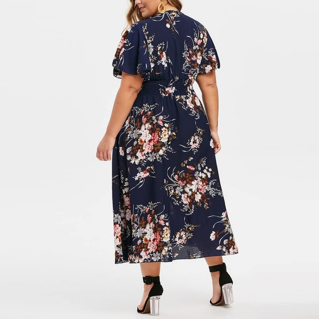 Elise Women's Dress – Midi Floral V-Neck A-Line Linen Cotton Flowing Elegant Summer Dress