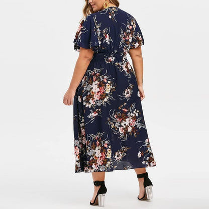 Elise Women's Dress – Midi Floral V-Neck A-Line Linen Cotton Flowing Elegant Summer Dress