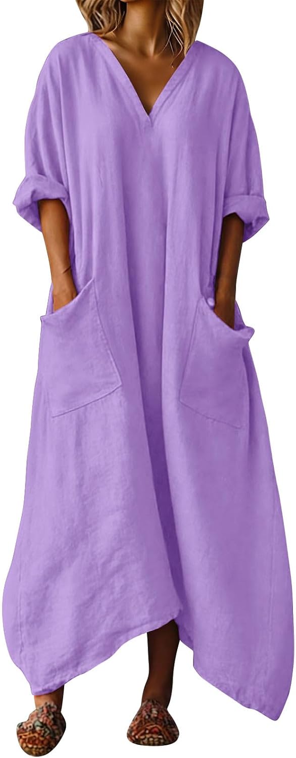 Mila Women's Dress – Maxi Linen Dress with V-Neck, 3/4 Sleeves, Oversized A-Line Cut for Summer