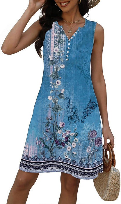 Lucie Women's Dress – Bohemian Floral V-Neck Sleeveless A-Line Midi Summer Dress