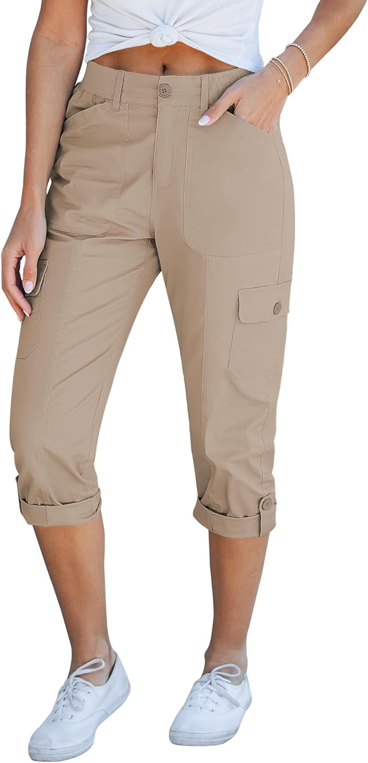 Laurice Women's Cargo Capri Pants – High Waist Elastic, Multi Pockets Casual