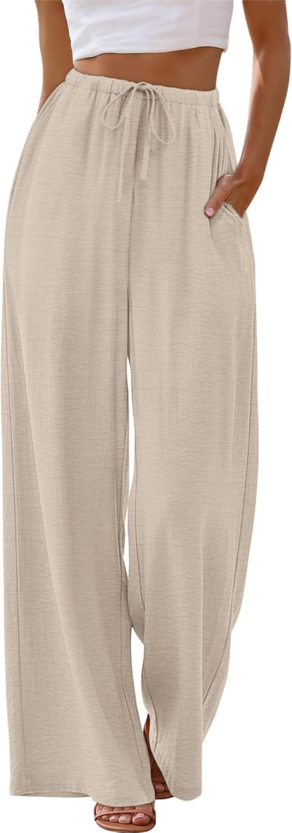 Zoe Women's Pants – Wide Leg Palazzo Pants with Elastic Waist & Pockets for Summer