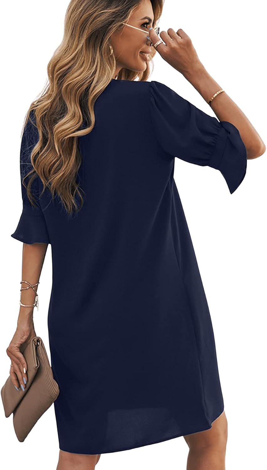 Emily Women's Summer Dress – Elegant V-Neck Loose Fit Midi Length Dress with Three-Quarter Sleeves