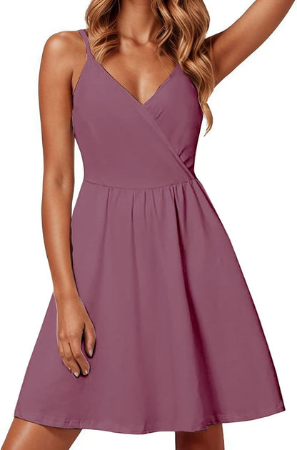 Chloe Women's Dress – Elegant Satin Mini Dress with V-Neck, Thin Straps, and Pockets for Evening Wear