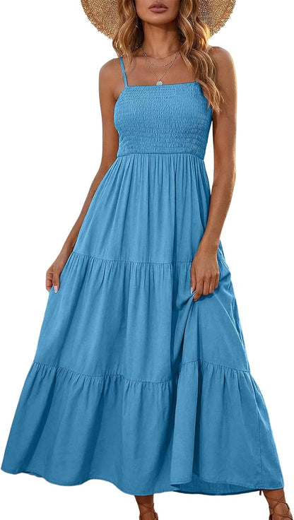 Léa Women's Dress – Bohemian Maxi Dress with Square Neck, Smocked, Ruffled, Flowing Summer