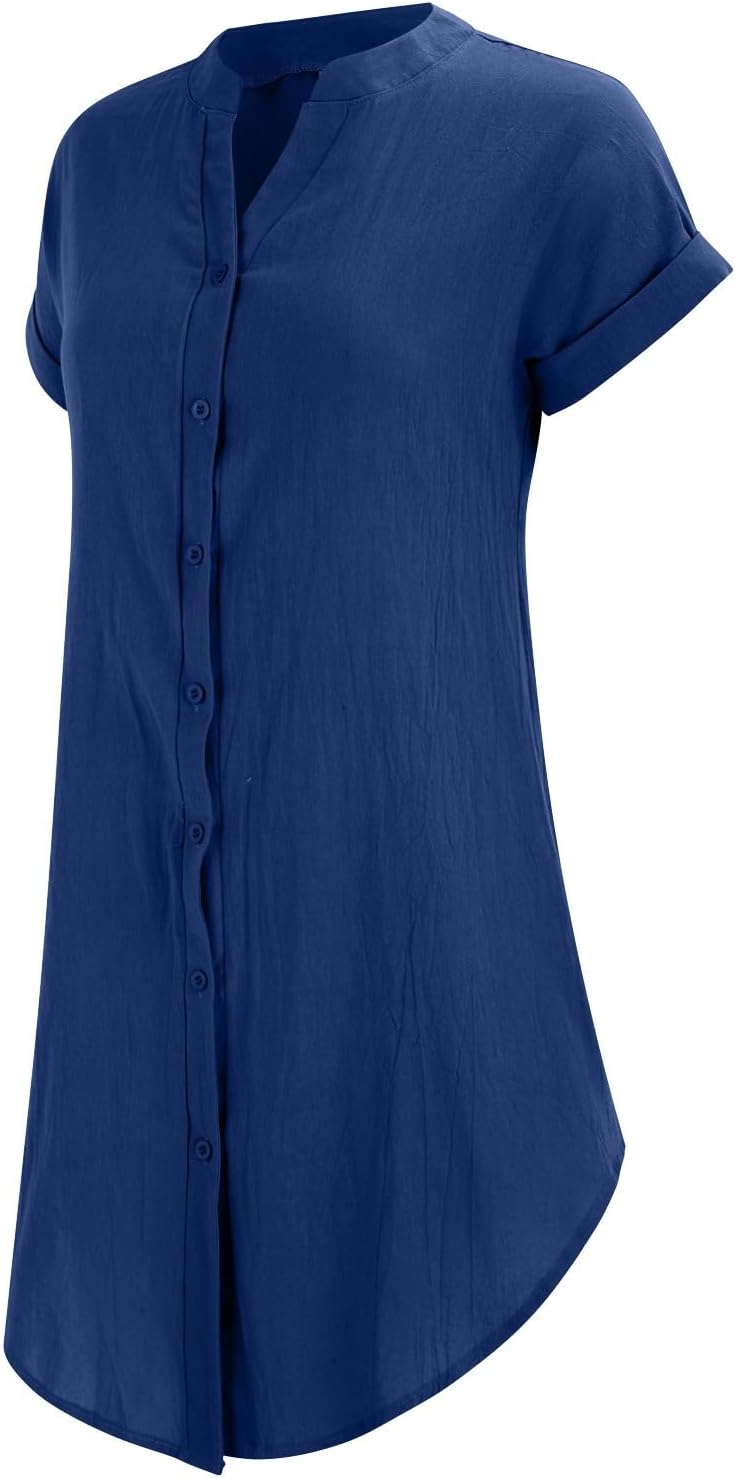 Sophie Women's Dress – Short Linen V-Neck Buttoned Dress with Short Sleeves, Fluid Fit for Summer