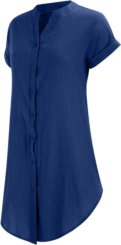 Sophie Women's Dress – Short Linen V-Neck Buttoned Dress with Short Sleeves, Fluid Fit for Summer