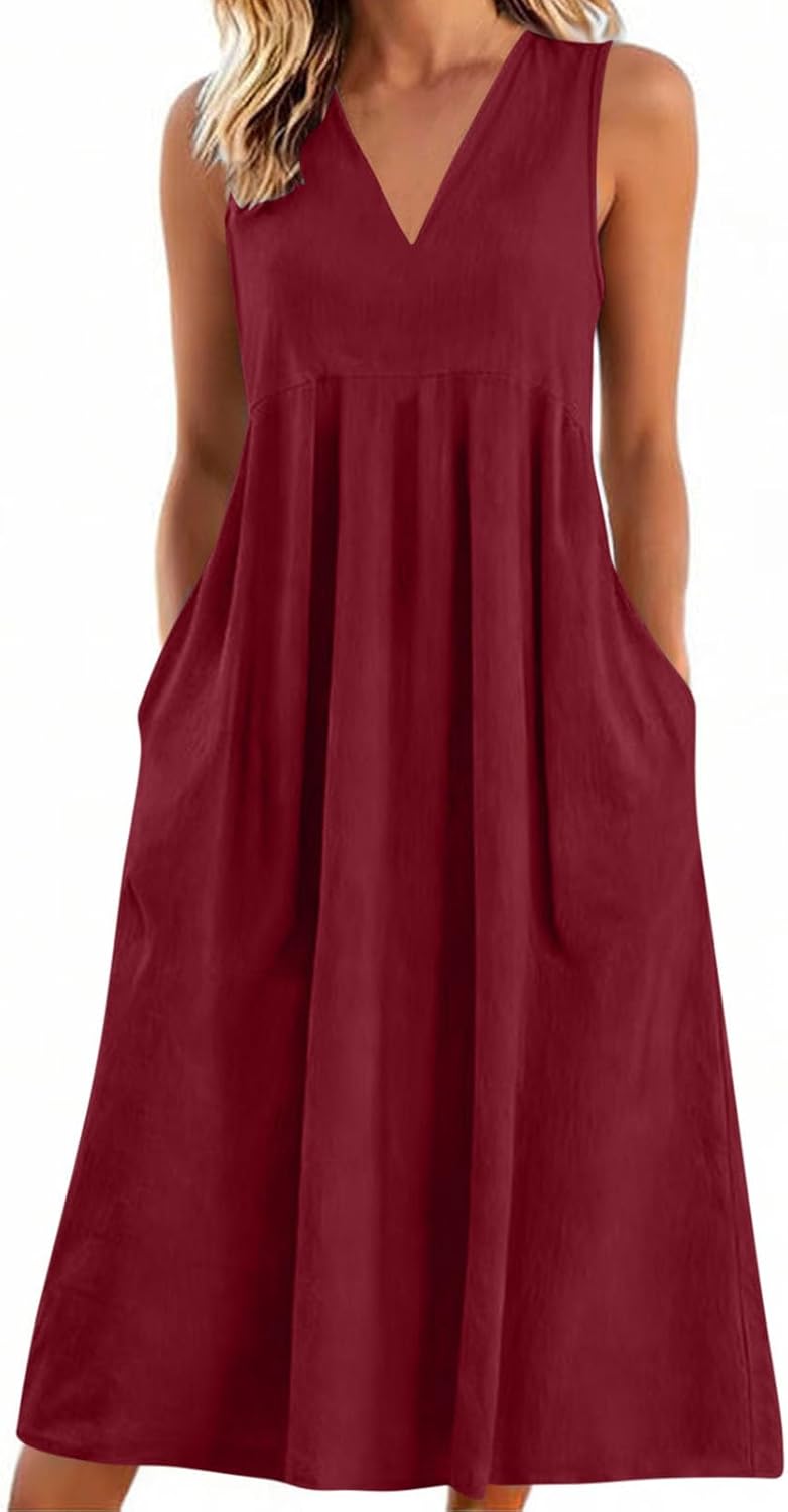Lina Women's Dress – Maxi Linen V-Neck Sleeveless Pocket Dress for Summer