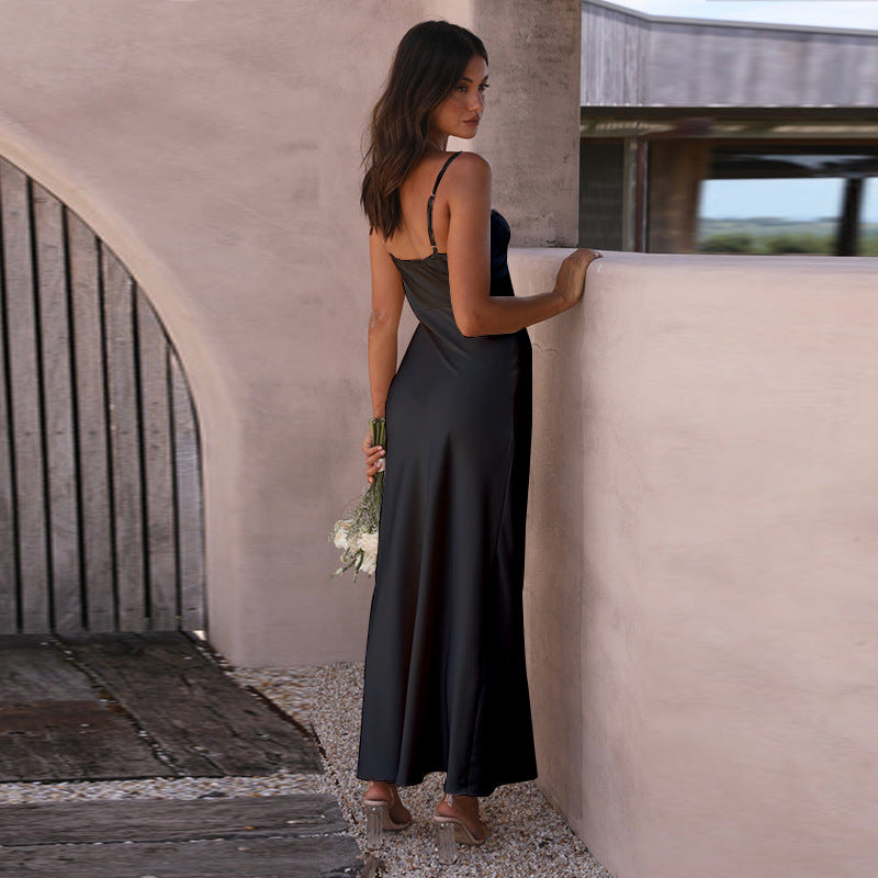 Lucille Robe de Soirée Femme – Robe Noire Satin Élégante avec Fente pour Occasions Chic