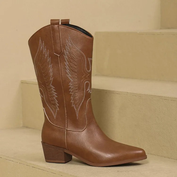Yvie Bottes Cowboy Femme – Bottes Western en Cuir avec Bout Pointu & Talon Bloc Confortable